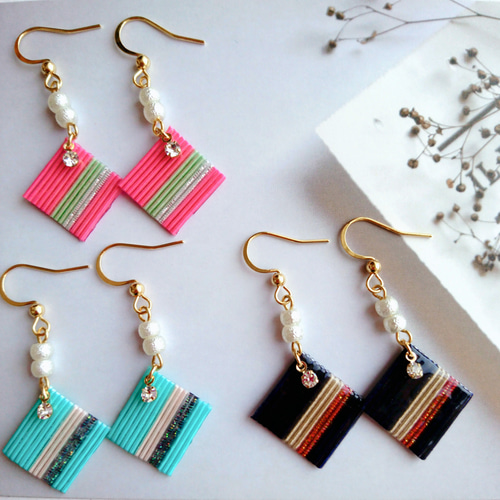 結わない水引と小さなコットンパール《ピンク》水引ピアス・イヤリング