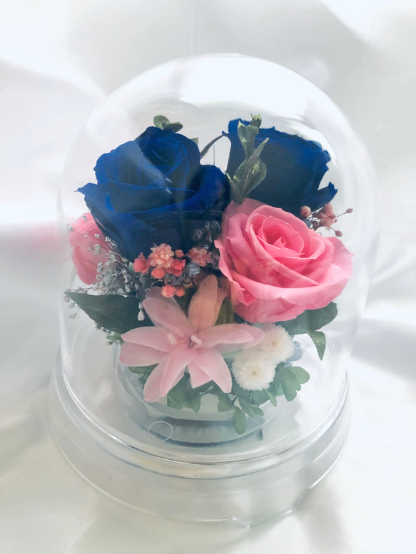 プリザーブドフラワー／ドームの中に咲く青とピンクの薔薇と小花のフラワードーム 2枚目の画像