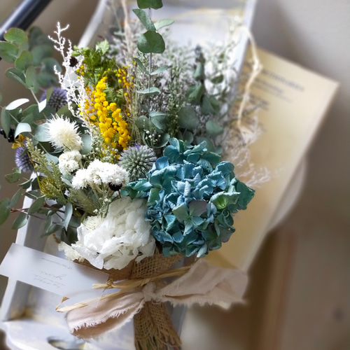 ももさく＆秋色紫陽花と白系ブルー系紫系小花リース＆スワッグセット 秋色紫陽花とミモザとユーカリのドライフラワースワッグ