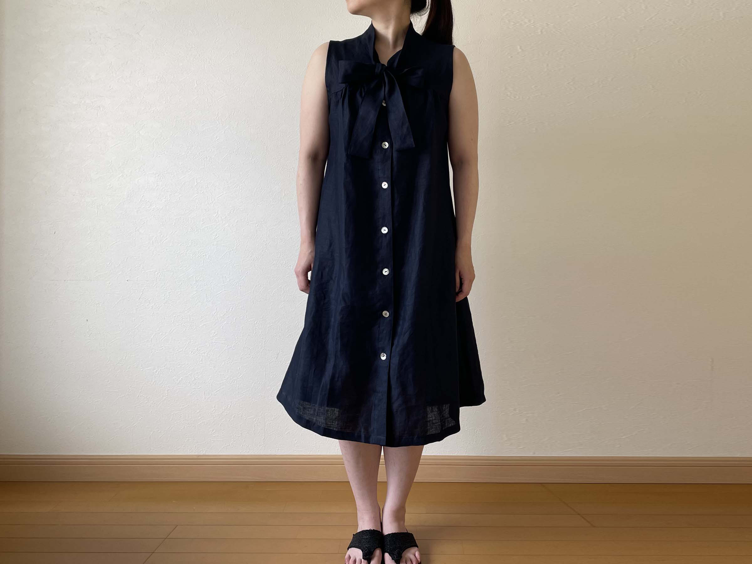 リネン ボウタイワンピース 紺 ネイビー ノースリーブ 無地 フリーサイズ