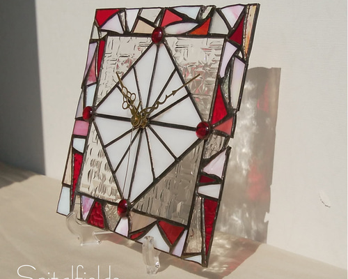 ステンドグラス　パネル時計 一点もの＊ ステンドグラスの時計 L（ピンク_211） 掛け時計・置き時計