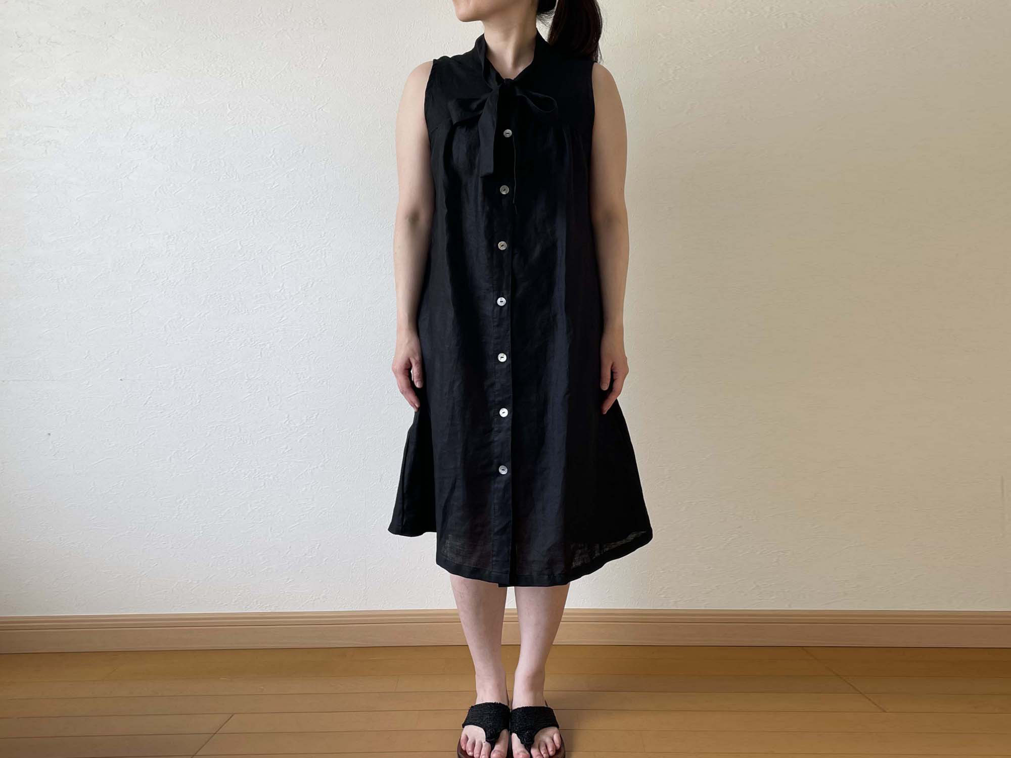リネン ボウタイワンピース 黒 ブラック ノースリーブ 無地 フリーサイズ