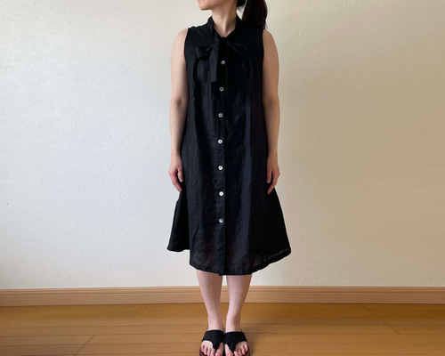 リネン ボウタイワンピース 黒 ブラック ノースリーブ 無地