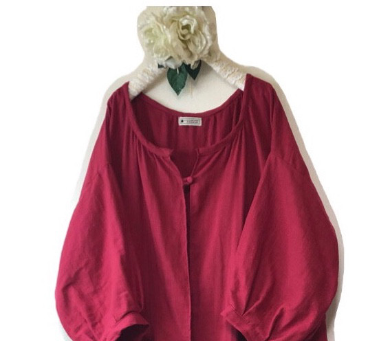 新作❤️バルーンスリーブ袖と胸元お包みボタン背中のシャーリングが可愛いWガーゼロングカーディガン♡ガーネット❤️