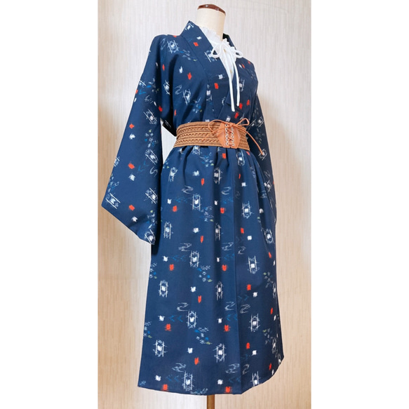 展示品　◇着物リメイク◇  セットアップ　チェック×ブルー　ベルト付き　1点もの 展示品◇着物リメイク◇ セットアップチェック×ブルーベルト付き