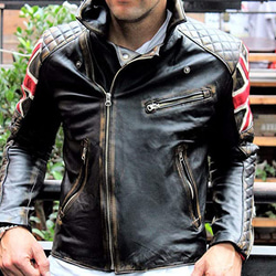 ヤギ革ヴィンテージライダージャケット Goat Leather Vintage Jacket with UK Flag 1枚目の画像