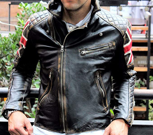 ヤギ革ヴィンテージライダージャケット Goat Leather Vintage Jacket with UK Flag 1枚目の画像