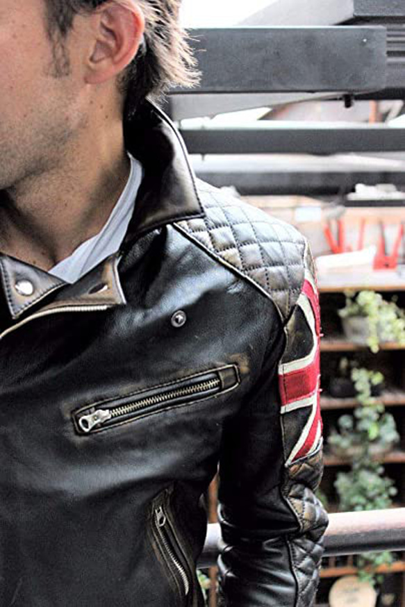 ヤギ革ヴィンテージライダージャケット Goat Leather Vintage Jacket with UK Flag 3枚目の画像