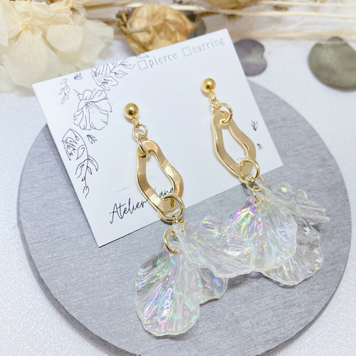 ゴールド フープ クリア オーロラ 花びら じゃらじゃらピアス ピアス 