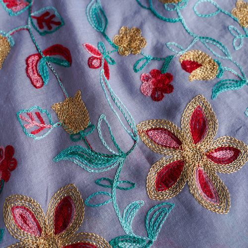 お花さ刺繍ストール さりげなくアクセント*コットン 刺繍flowerストール サックス