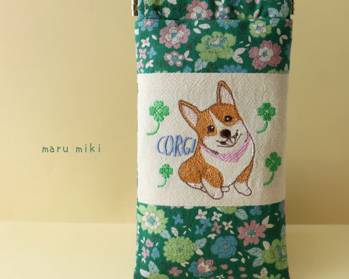 おすわりコーギー刺繍メガネケース／小花柄／グリーン メガネケース