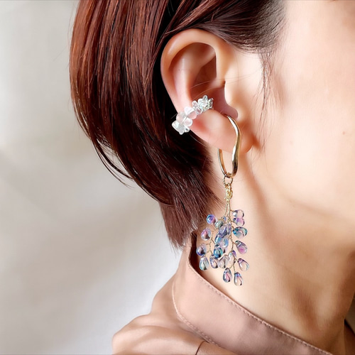 Creema限定】ガラスビーズ ブーケ イヤーカフ セット(紫陽花カラー