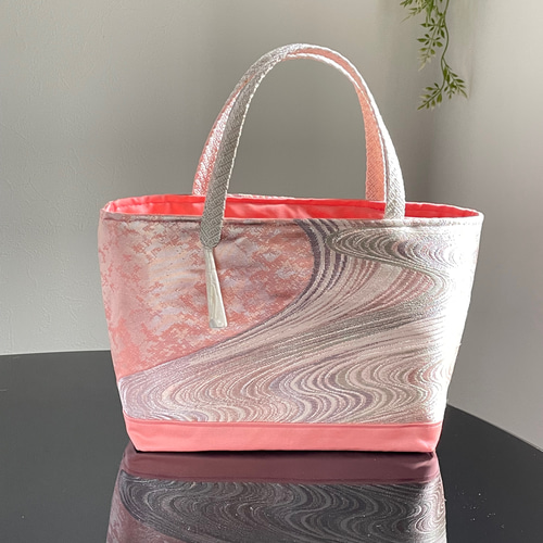 ❤プリン❤ ハンドメイド 帯 リメイク 帯リメイクバッグ ピンク流水文様A ミニトートバッグ