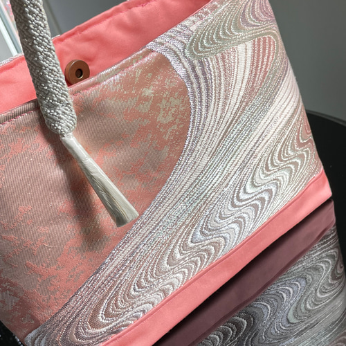 帯リメイクバッグ ピンク流水文様A ミニトートバッグ