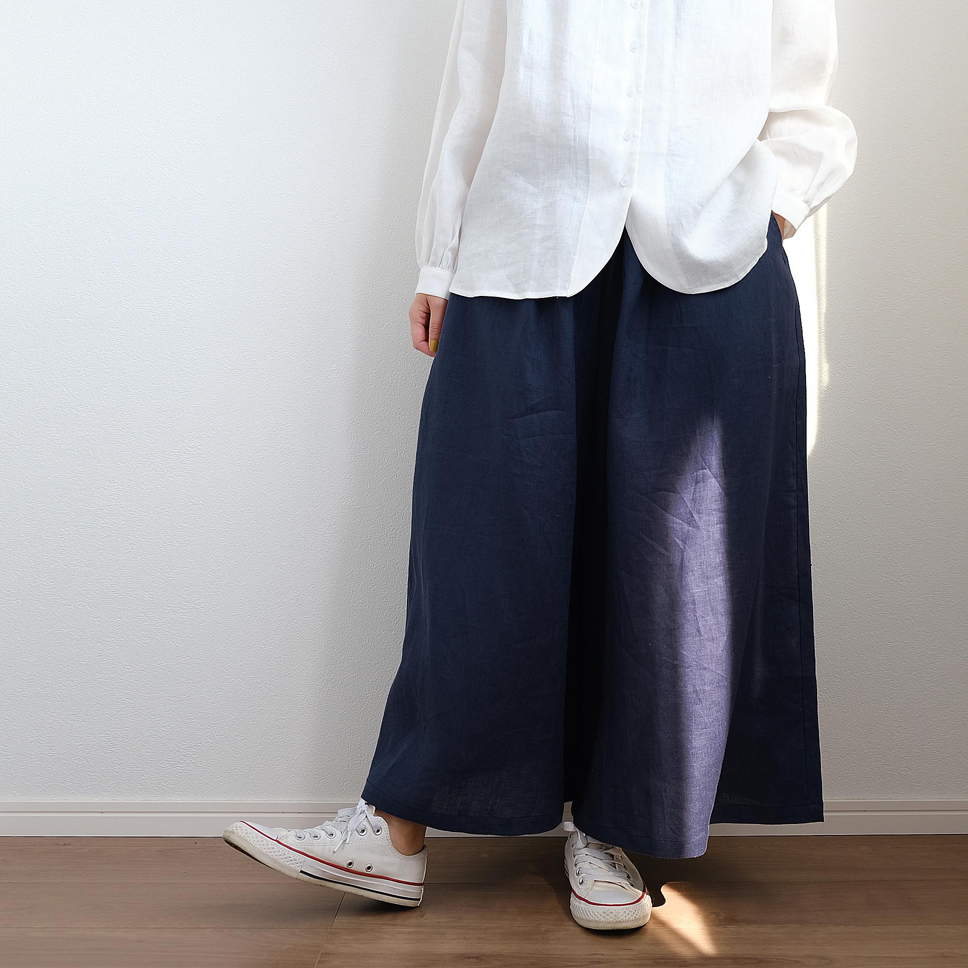 冷感 ナチュラル リネン 麻 ワイドパンツ 体型カバー ゆったり シンプル 春 夏 P104 BL