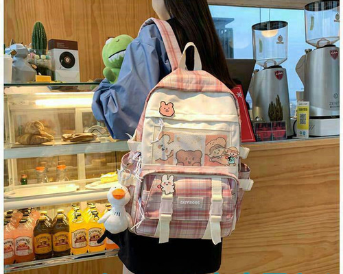 大容量!! 韓国 リュック チェック柄ピンク 学生 レディース キャンパス