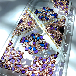 【全機種対応】キラキラアンティークゴールドのステンドグラスのスマホケース/紫×ブルー/アイフォン/アンドロイドケース 5枚目の画像