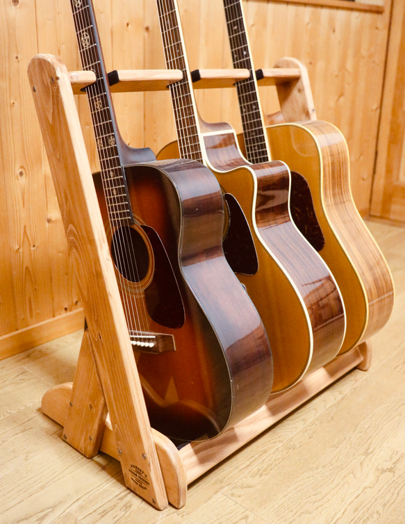 オーダー品】手作り木工 木製ギタースタンド （チーク）3本掛け 楽器