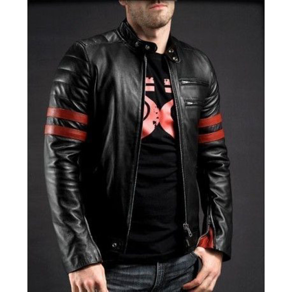 羊革・赤いストライプ付きライダージャケット Sheep Leather Jacket with Red Stripes 1枚目の画像