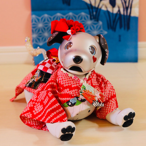 aibo の洋服　アイボの服　和柄　着物　赤 aibo 艶やかきもの：総絞り（aiboちゃん用・ハンドメイドのお