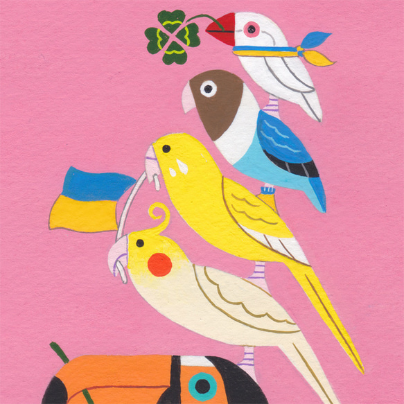 ウクライナ支援 寄付 絵画「小鳥ブレーメン ウクライナのヒマワリ」アート絵画 3枚目の画像