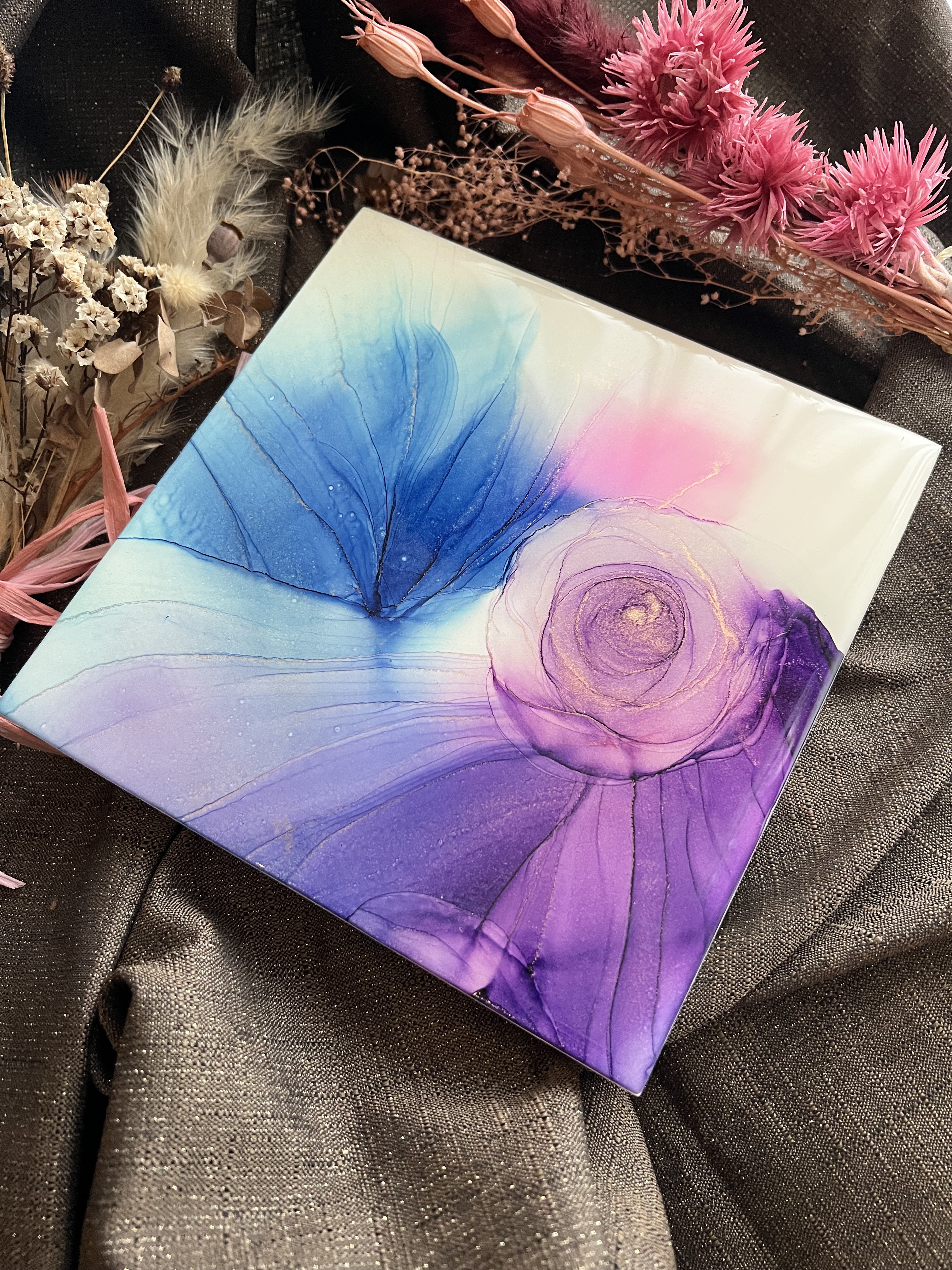 アルコールインクアート　ピンク　紫　黄色　レジン　パネル　木製　29.6×21