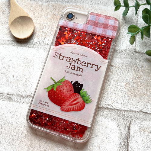 黒猫いちごジャムのグリッタースマホケース iPhone16e iphone17e