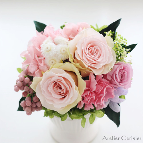 プリザーブドフラワー＜シュシュ＞ピンクライム バラ カーネーション