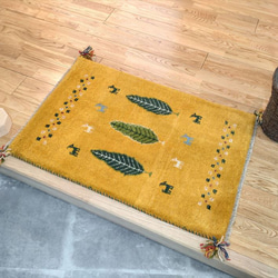 ペルシャ ギャッベ 玄関マット 88x60cm 黄金色 糸杉 RJ1757 カーペット