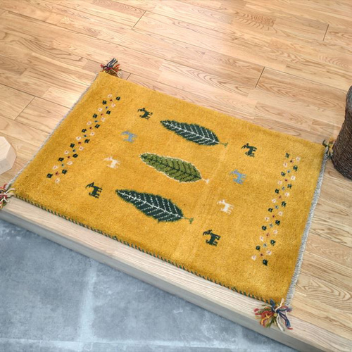 ペルシャ ギャッベ 玄関マット 88x60cm 黄金色 糸杉 RJ1757 カーペット