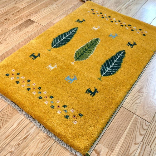 Summer SALE ペルシャ絨毯　ギャッベ　新品 88x60 cm ペルシャ ギャッベ 玄関マット 88x60cm 黄金色 糸杉 RJ1757 カーペット