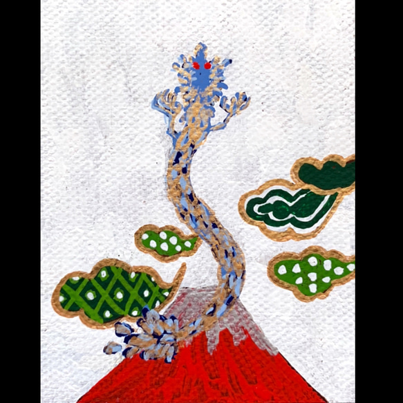 小さな絵画「青い昇龍と赤富士」原画 2枚目の画像