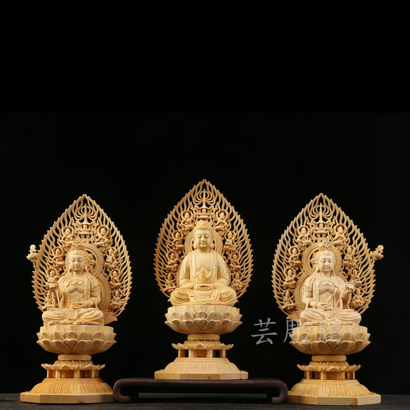 東方三聖 薬師如来 日月菩薩三尊 木彫仏像 供養品 仏教工芸品 彫刻 芸 
