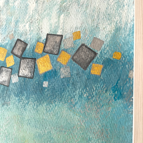 抽象風景画 青 黄色 シルバーフレーム 絵画》抽象画 ティール アンド イエロー アブストラクト アート