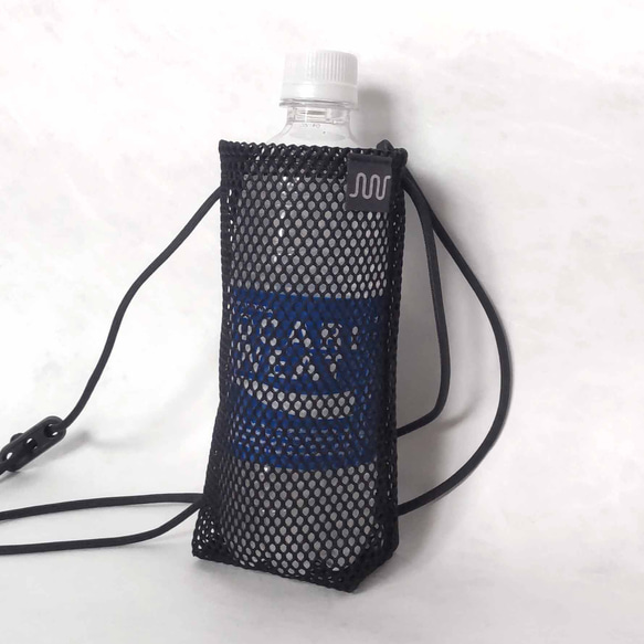 ペットボトルホルダー　スマホポーチ　サコッシュ　ミニショルダーバッグ　ナイロンメッシュ　本体ブラック 1枚目の画像