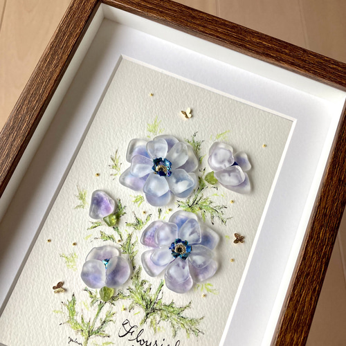 アネモネの花 シーグラス／天然石／フレームアート／壁掛け額／紫青