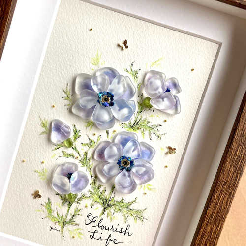 アネモネの花 シーグラス／天然石／フレームアート／壁掛け額／紫青