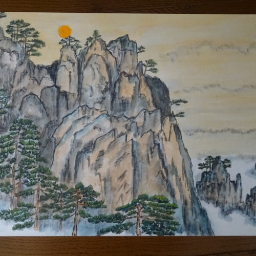 水墨画 獅子鑑雲海 (朝焼け) 絵画 プールジャンキージュン 通販