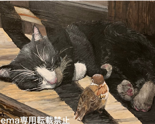Amazon.co.jp: 絵絵画車レトロ猫ハチワレ原画A4アクリル画手書き