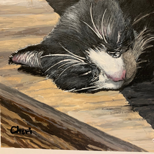 絵画 雀とハチワレ 猫 A4 アクリル画 原画 手書き 似顔絵 絵
