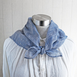 Decoオリジナル　上質リネン シングルガーゼのハンカチ/スカーフ　ブルー×亜麻色 2枚目の画像