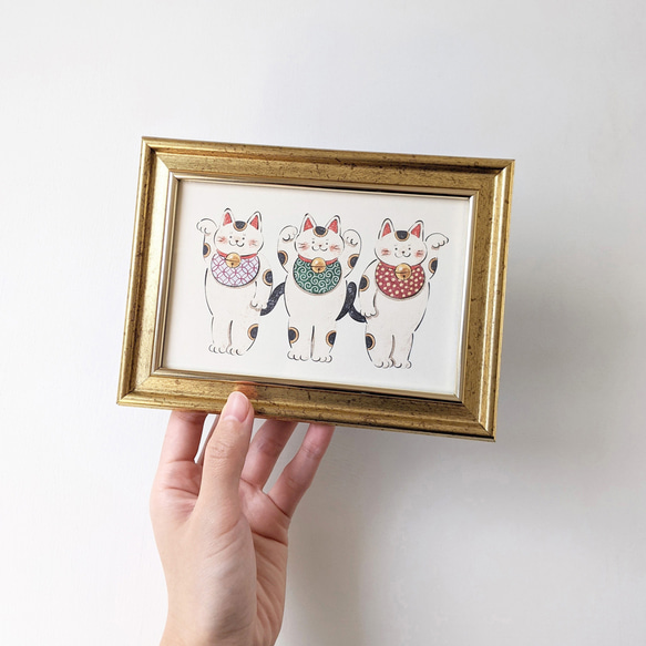 ポストカードサイズ 招き猫トリオ アートプリント/イラスト複製画 4枚目の画像
