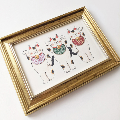 ポストカードサイズ 招き猫トリオ アートプリント/イラスト複製画