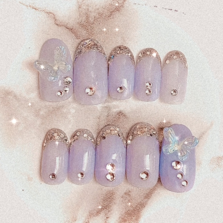 ネイル ネイルチップオーダー ガラスフレンチ 埋め尽くし ちゅるん 韓国 蝶々 オーダー】オーロラ 蝶々 ガラスフレンチ ネイルチップ