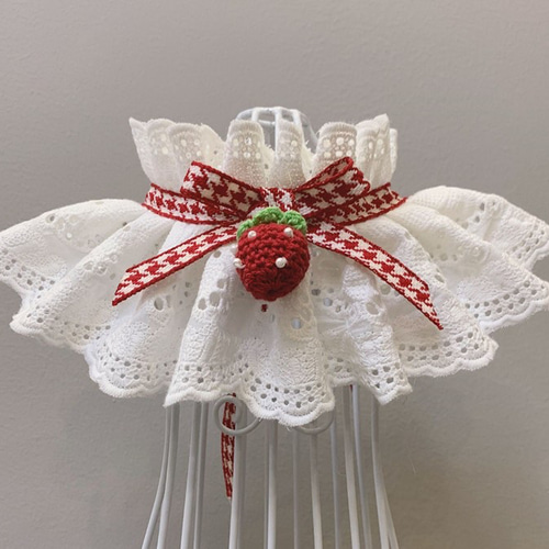 いちご+格子の蝶結び☆猫&犬&用襟型ペット レース 首輪☆桜