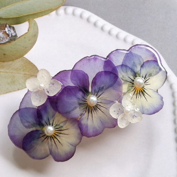 ビオラと紫陽花のバレッタ