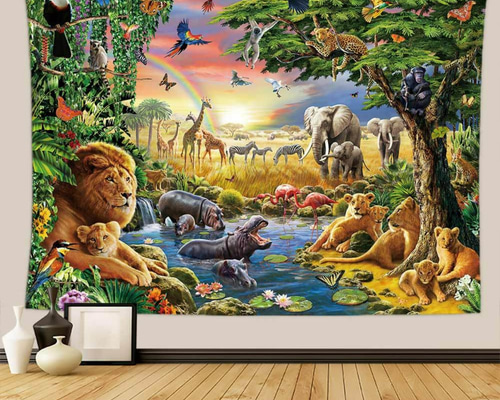 アンティーク マドラスレース サファリ 動物の楽園 カーテンパネル アイボリー 新作！タペストリー17 ジャングル サファリ 動物の楽園 アート