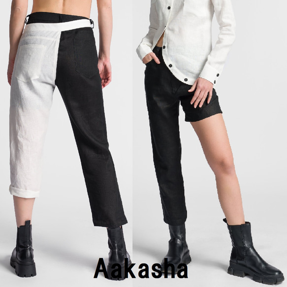 [Aakasha] 可拆卸的兩色褲子亞麻短款單調 [可定制尺寸] 第1張的照片