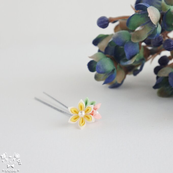 菊✤人形用かんざし ⊰檸檬＆桃⊱ つまみ細工 髪飾り ドール