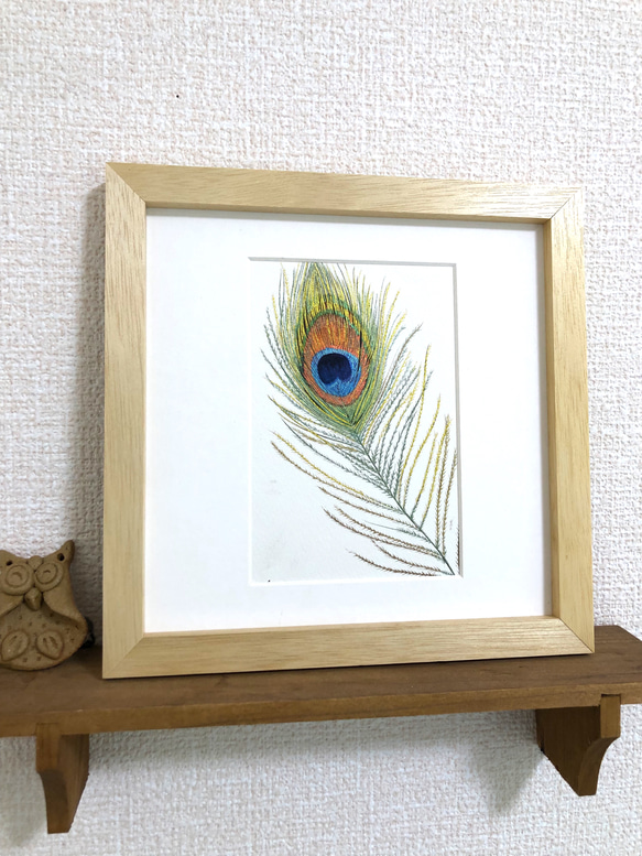 金色孔雀の羽 真珠光沢水彩原画 イラスト ギフト 絵画 Annie